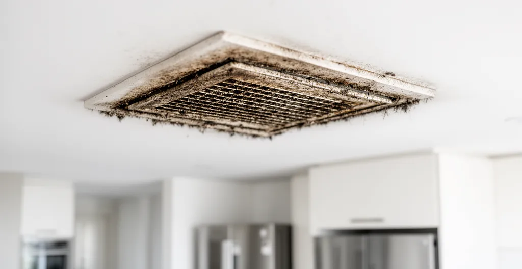 Grille de ventilation VMC cuisine visiblement poussiéreuse et encrassée