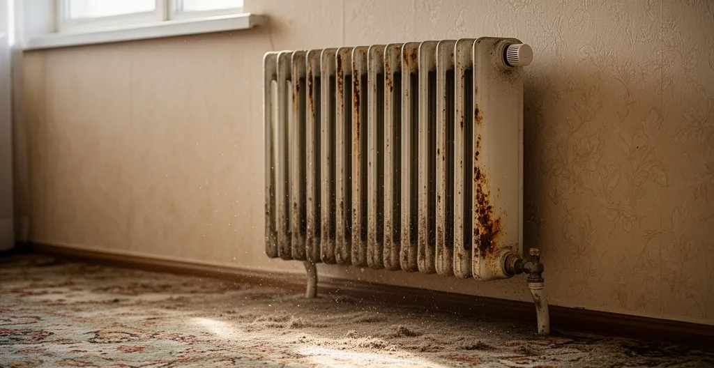 Ancien radiateur électrique convecteur poussiéreux dans pièce à vivre
