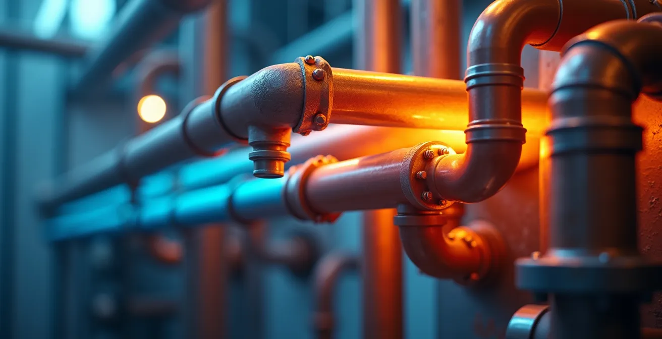 Vue détaillée d'un échangeur thermique de VMC avec flux d'air colorés