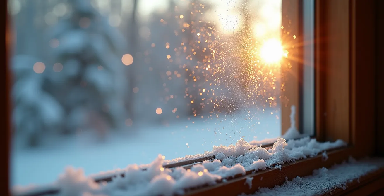 Gros plan sur une fenêtre ouverte en hiver avec vapeur d'eau visible