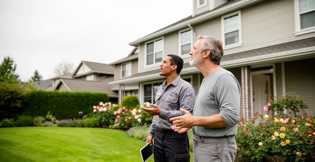 Propriétaire et technicien discutant devant maison