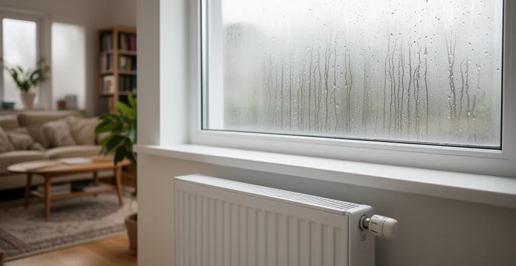 Radiateur blanc sous fenêtre avec gouttelettes de condensation visibles sur la vitre