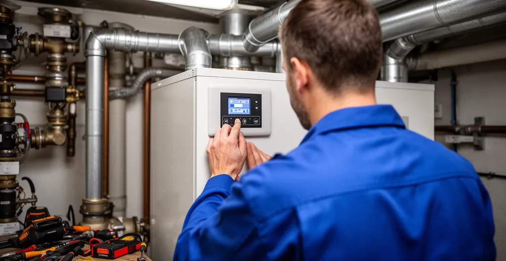 Technicien vérifiant unité intérieure PAC dans local technique