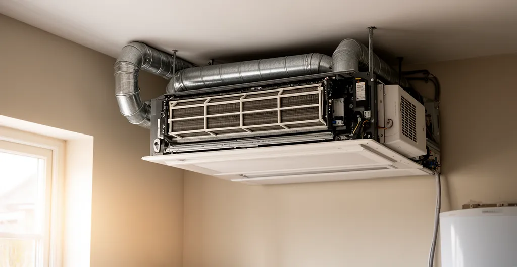 Unité VMC double flux installée dans local technique avec gaines visibles