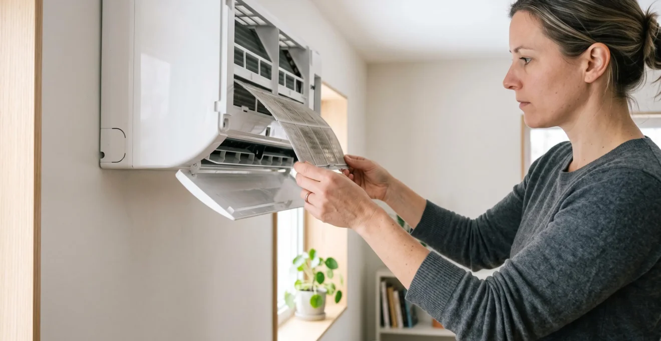 Propriétaire retirant le filtre à air d'une unité murale de thermopompe pour nettoyage, geste d'entretien autonome simple recommandé tous les 1 à 3 mois