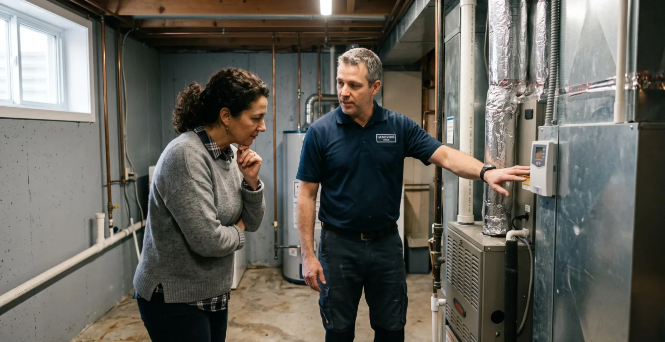 Technicien certifié RBQ expliquant résultats d'inspection à un propriétaire devant équipement CVC dans sous-sol résidentiel, illustrant relation de confiance professionnelle
