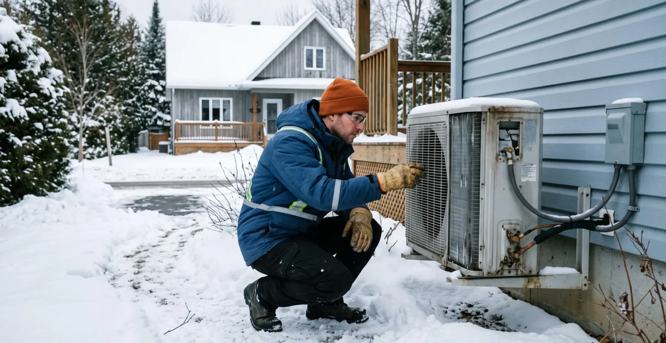 Technicien certifié RBQ en tenue d'hiver inspectant une unité extérieure de thermopompe résidentielle dans un environnement enneigé typique des Laurentides québécoises