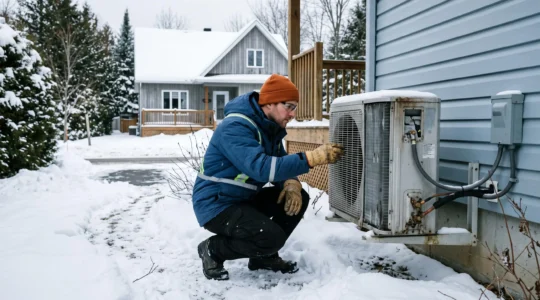 Technicien certifié RBQ en tenue d'hiver inspectant une unité extérieure de thermopompe résidentielle dans un environnement enneigé typique des Laurentides québécoises