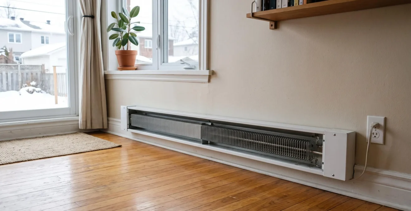 Plinthe chauffante électrique installée le long d'un mur dans un intérieur résidentiel, montrant le système de chauffage traditionnel