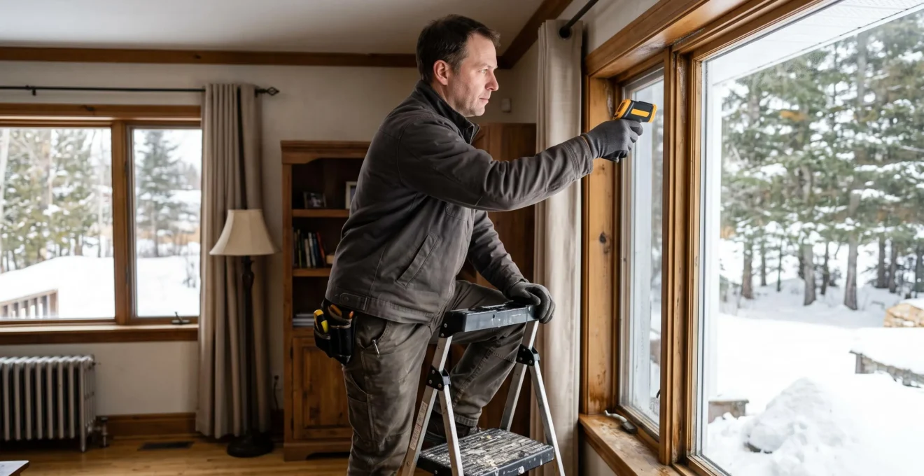 Technicien en chauffage utilisant un thermomètre infrarouge pour évaluer une pièce résidentielle, debout et pointant l'appareil de mesure vers le mur ou le plafond
