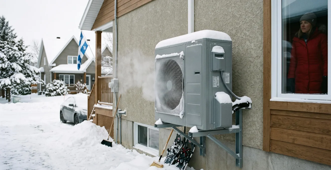 Unité extérieure de thermopompe installée sur le mur d'une maison québécoise en hiver, avec neige et vapeur d'eau visible indiquant son fonctionnement par temps froid