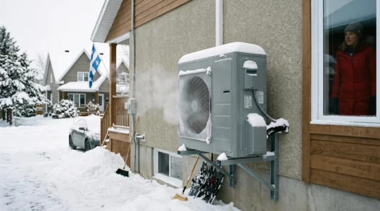 Unité extérieure de thermopompe installée sur le mur d'une maison québécoise en hiver, avec neige et vapeur d'eau visible indiquant son fonctionnement par temps froid
